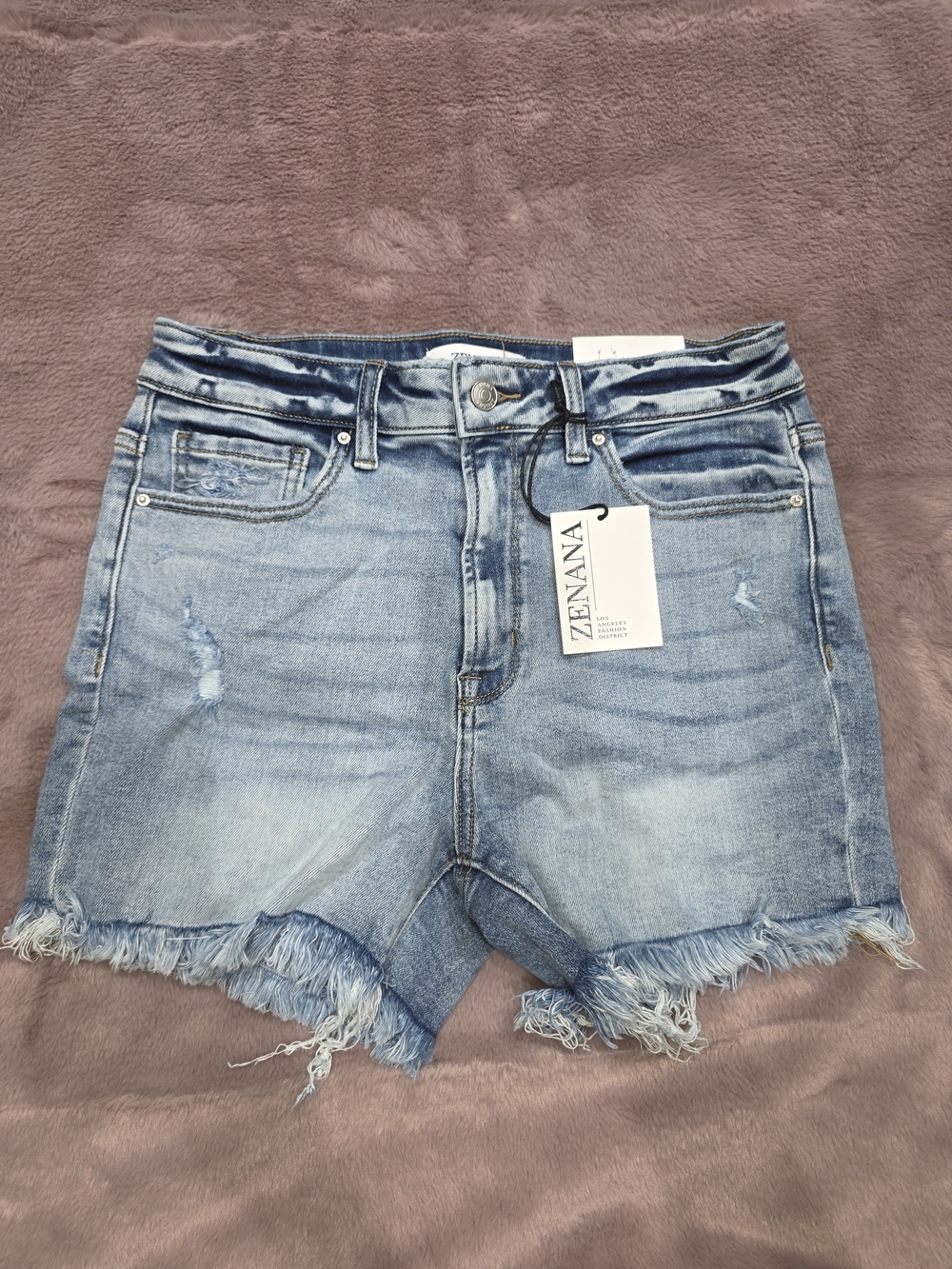 Zenana Outfitters Light Blue Distressed Frayed Hem Denim Shorts
